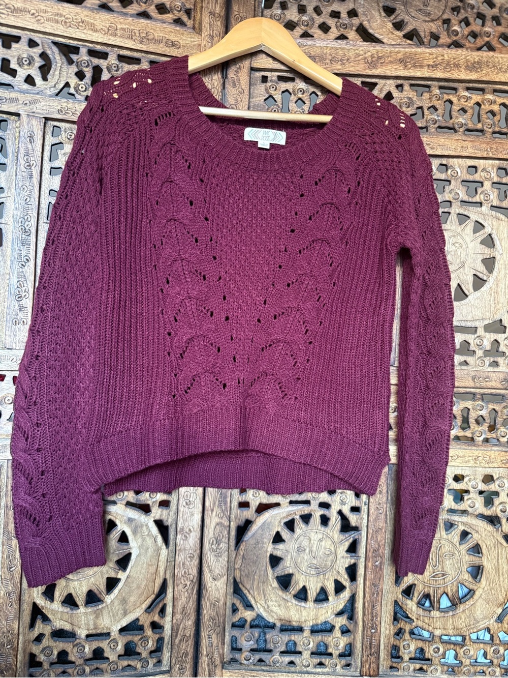 Pink Rose Women's Burgundy Scoop Neck Cable Knit Sweater SZ L